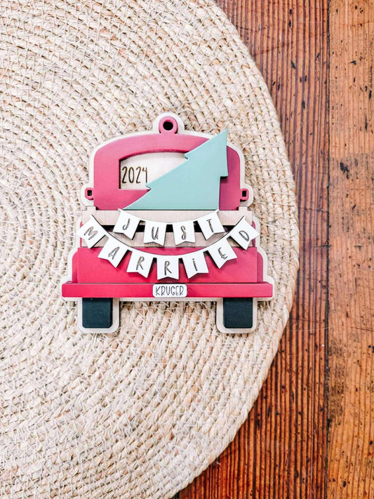 Just Married Red Truck Ornament